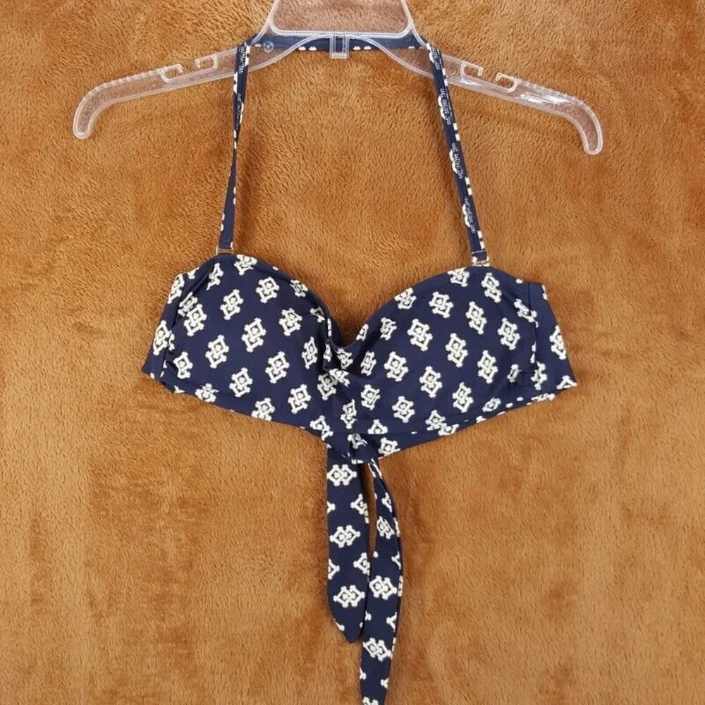 TORY BURCH Womens Swimwear Small Navy Bandeau Halter Bikini Top Logo Monogram